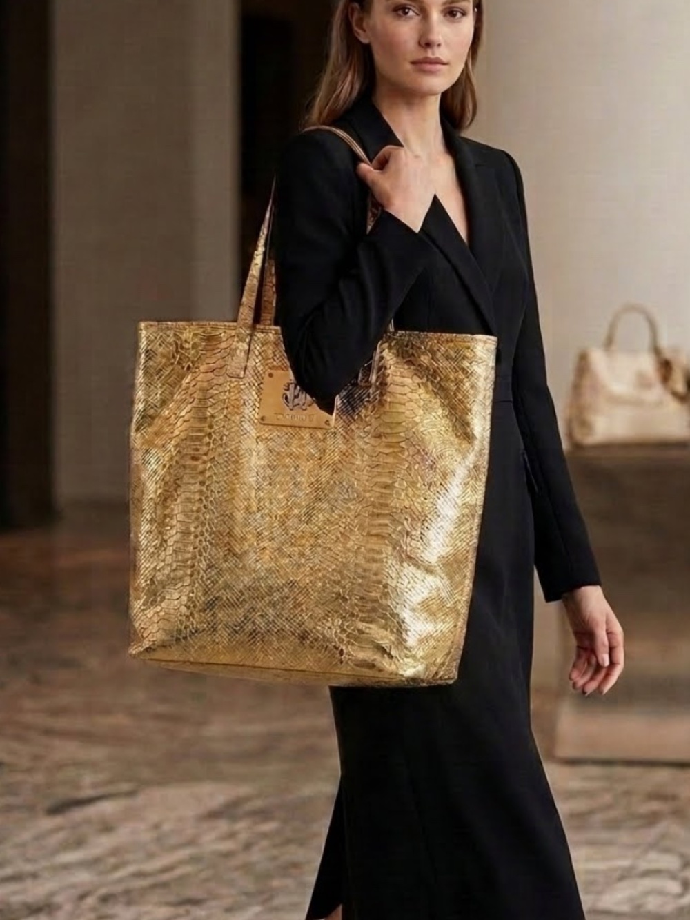 ROBERTO CAVALLI GOLD PYTHON EMBOSSED LEATHER SHOPPER TOTE BAG